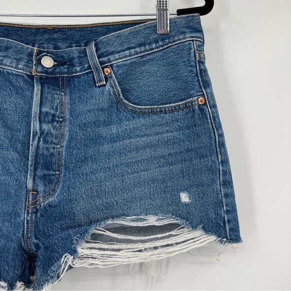 Levi's 501 medium wash button placket frayed raw edge whiskered denim shorts. - Picture 2 of 13